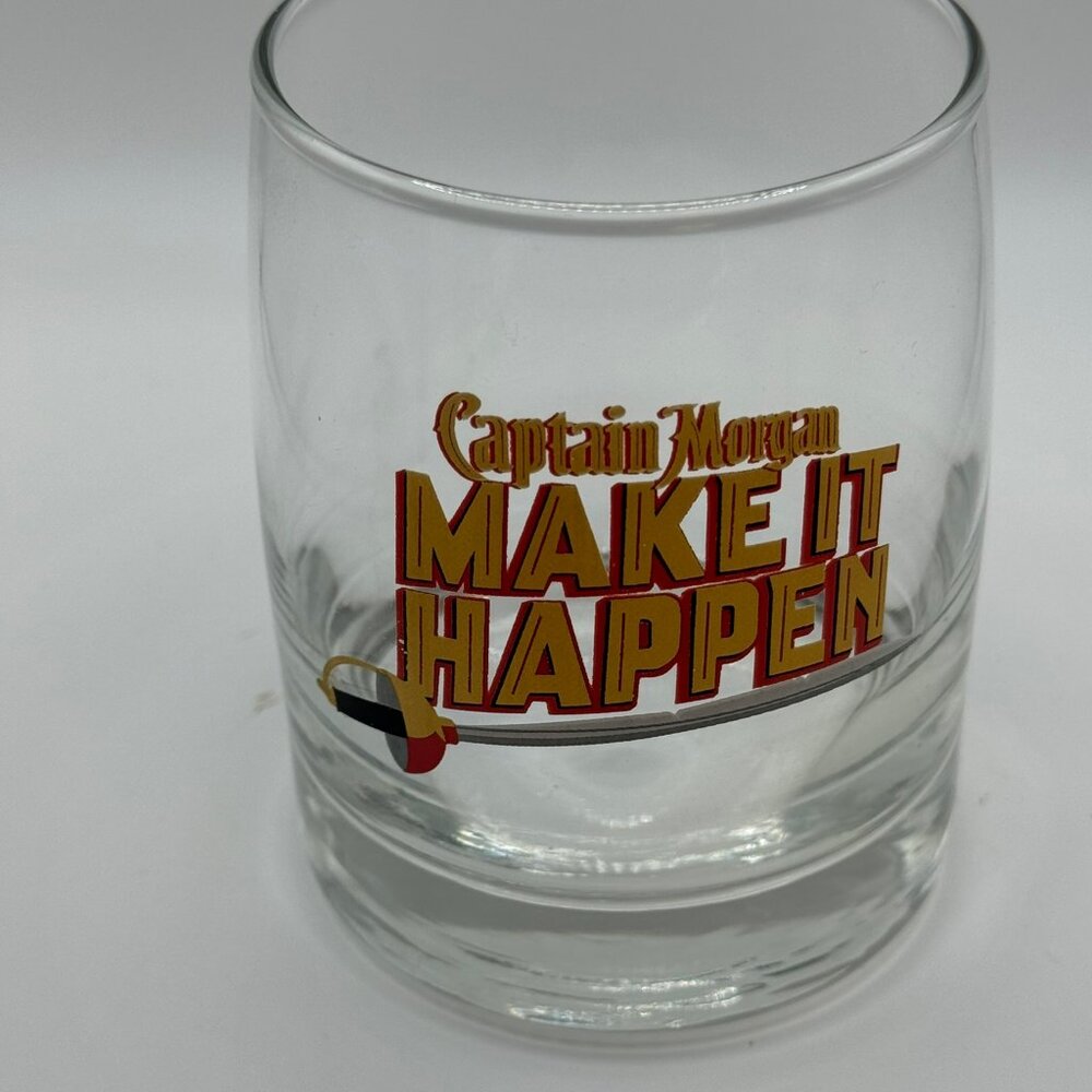 CAPTAIN MORGAN RUM TUMBLER "MAKE IT HAPPEN" W/SWORD GRAPHICS 12 OZS LIKE NEW